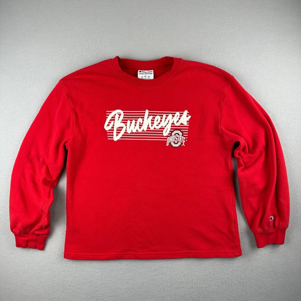 Champion Ohio State Buckeyes Sweatshirt Mens L Red Chenille Graphic Crewneck